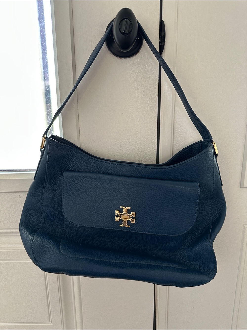 Tory Burch Deep Navy Pebbled Leather Shoulder Bag with Gold Logo